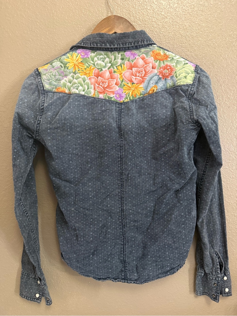 American Eagle Outfitters Denim Shirt with Multicolor Floral Yoke
